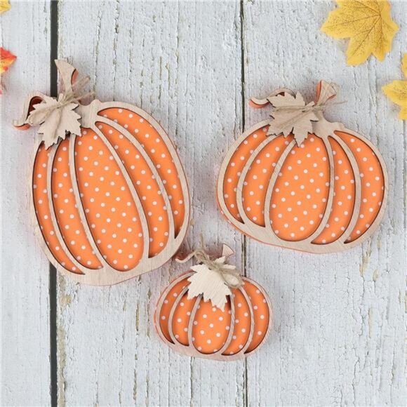 Wooden Autumn Pumpkin Fall Decor - Set of 3 Pumpkins for Shelf, Mantel, Table - Picture 6 of 7